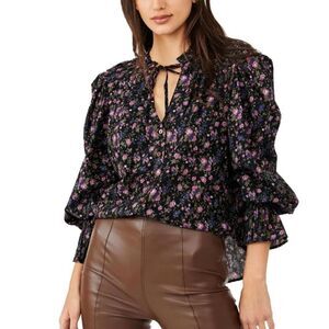 Free People Ruffle Blouse Dark Floral NEW Black Purple Green Small